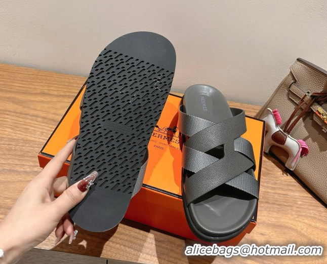 Popular Style Hermes Kazimir Flat Slides Sandal in Woven Ribbon and Epsom Calfskin Dark Grey 0419078
