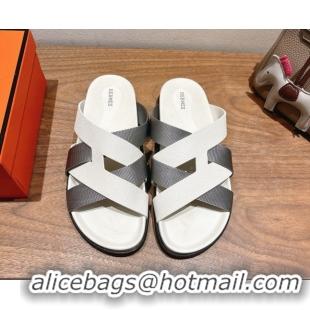 Cheap Price Hermes Kazimir Flat Slides Sandal in Woven Ribbon and Calfskin Leather White/Grey 0419079