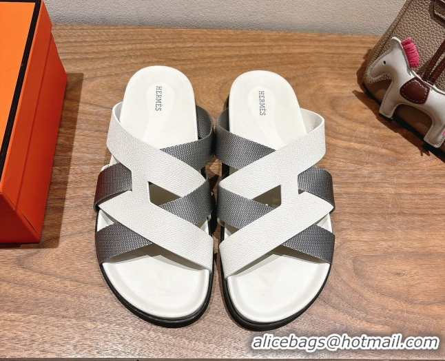 Cheap Price Hermes Kazimir Flat Slides Sandal in Woven Ribbon and Calfskin Leather White/Grey 0419079