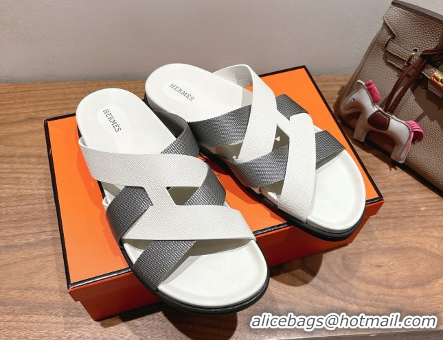 Cheap Price Hermes Kazimir Flat Slides Sandal in Woven Ribbon and Calfskin Leather White/Grey 0419079