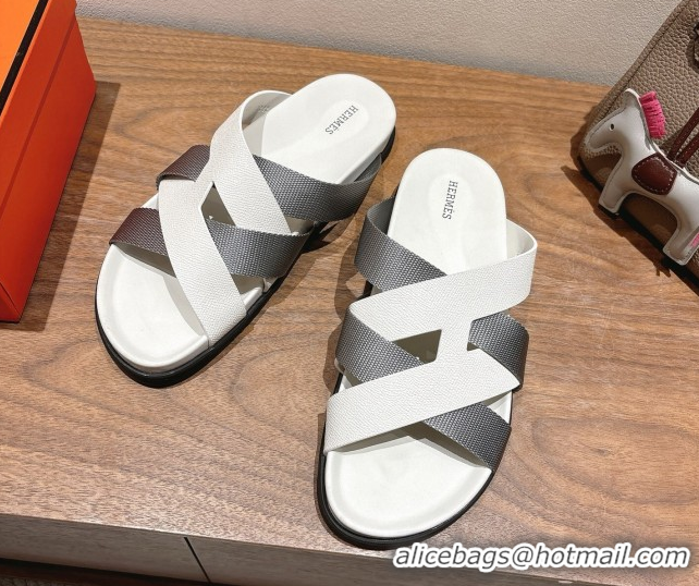 Cheap Price Hermes Kazimir Flat Slides Sandal in Woven Ribbon and Calfskin Leather White/Grey 0419079
