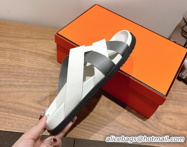 Cheap Price Hermes Kazimir Flat Slides Sandal in Woven Ribbon and Calfskin Leather White/Grey 0419079