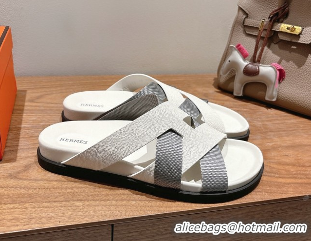 Cheap Price Hermes Kazimir Flat Slides Sandal in Woven Ribbon and Calfskin Leather White/Grey 0419079