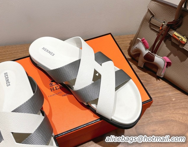Cheap Price Hermes Kazimir Flat Slides Sandal in Woven Ribbon and Calfskin Leather White/Grey 0419079