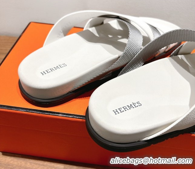 Cheap Price Hermes Kazimir Flat Slides Sandal in Woven Ribbon and Calfskin Leather White/Grey 0419079