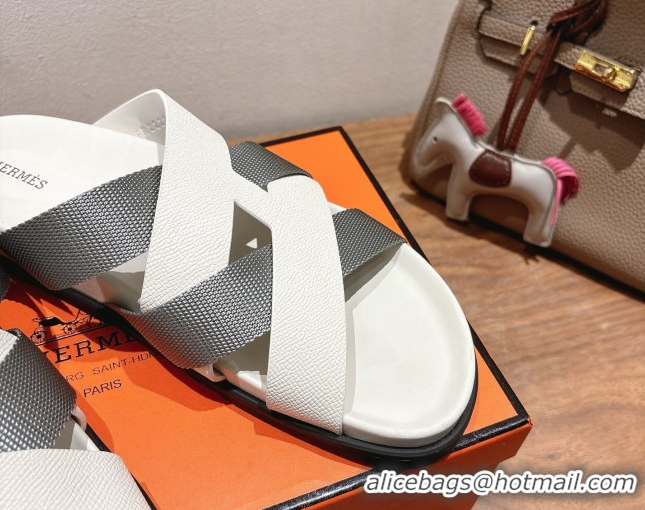 Cheap Price Hermes Kazimir Flat Slides Sandal in Woven Ribbon and Calfskin Leather White/Grey 0419079