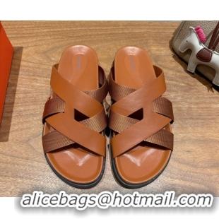 Luxurious Hermes Kazimir Flat Slides Sandal in Woven Ribbon and Calfskin All Brown 0419080
