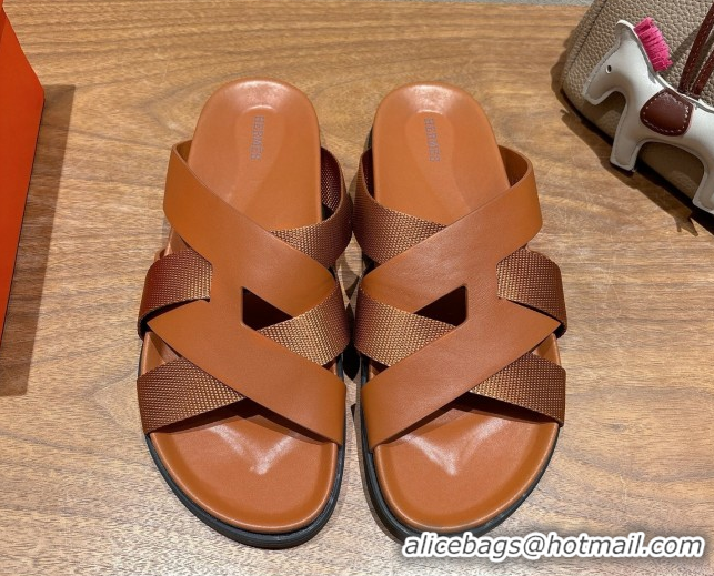 Luxurious Hermes Kazimir Flat Slides Sandal in Woven Ribbon and Calfskin All Brown 0419080