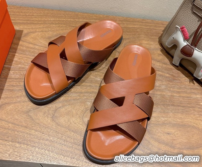 Luxurious Hermes Kazimir Flat Slides Sandal in Woven Ribbon and Calfskin All Brown 0419080