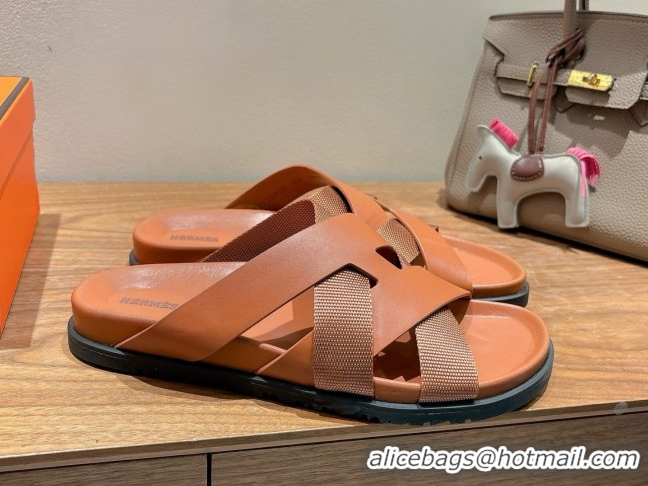 Luxurious Hermes Kazimir Flat Slides Sandal in Woven Ribbon and Calfskin All Brown 0419080