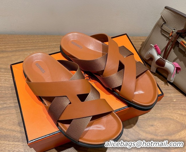 Luxurious Hermes Kazimir Flat Slides Sandal in Woven Ribbon and Calfskin All Brown 0419080