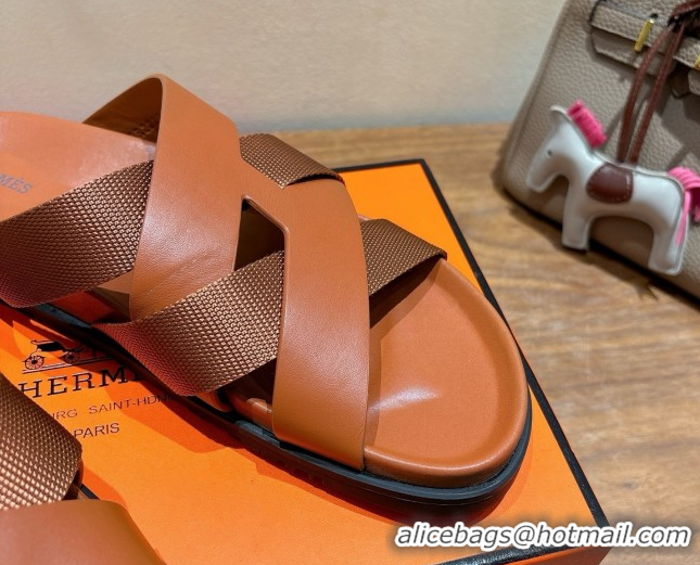 Luxurious Hermes Kazimir Flat Slides Sandal in Woven Ribbon and Calfskin All Brown 0419080