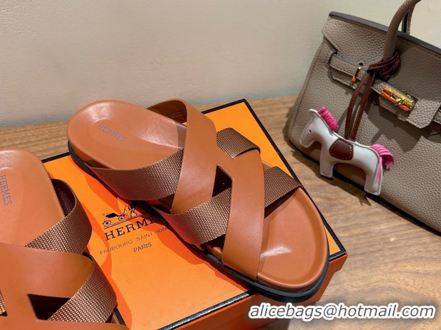 Luxurious Hermes Kazimir Flat Slides Sandal in Woven Ribbon and Calfskin All Brown 0419080