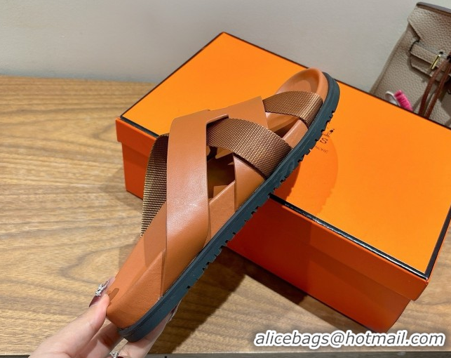 Luxurious Hermes Kazimir Flat Slides Sandal in Woven Ribbon and Calfskin All Brown 0419080