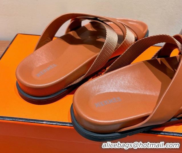 Luxurious Hermes Kazimir Flat Slides Sandal in Woven Ribbon and Calfskin All Brown 0419080