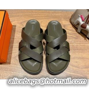 Shop Duplicate Hermes Kazimir Flat Slides Sandal in Woven Ribbon and Calfskin All Green 0419081
