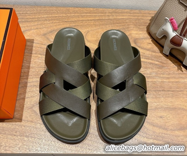 Shop Duplicate Hermes Kazimir Flat Slides Sandal in Woven Ribbon and Calfskin All Green 0419081