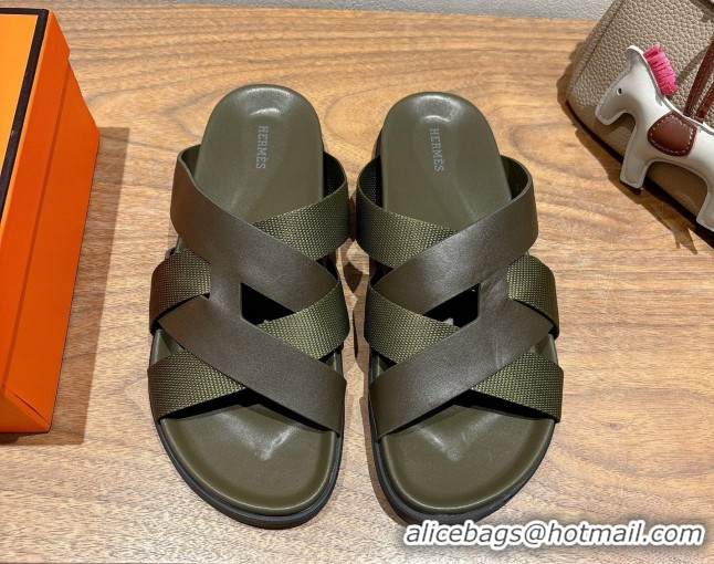 Shop Duplicate Hermes Kazimir Flat Slides Sandal in Woven Ribbon and Calfskin All Green 0419081