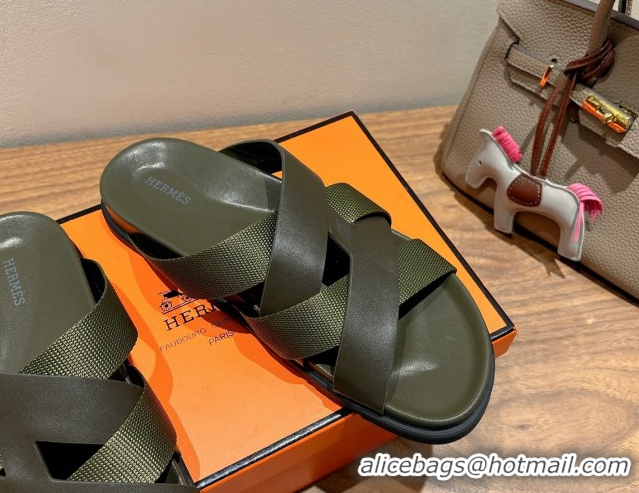 Shop Duplicate Hermes Kazimir Flat Slides Sandal in Woven Ribbon and Calfskin All Green 0419081