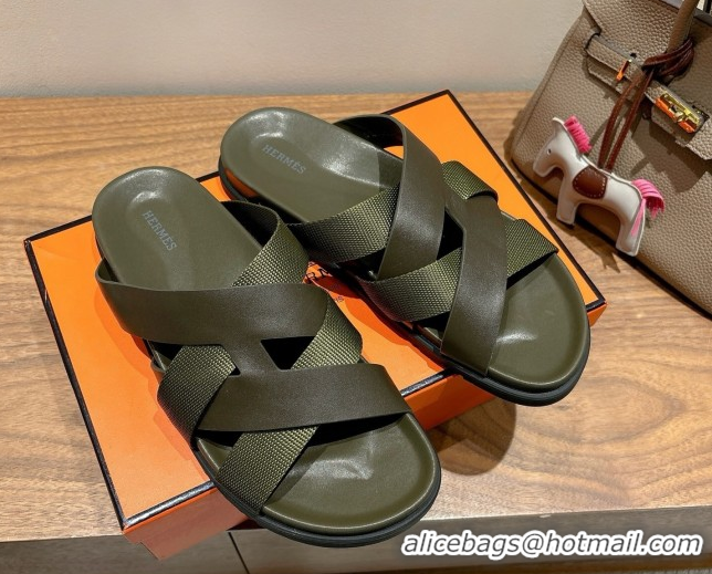 Shop Duplicate Hermes Kazimir Flat Slides Sandal in Woven Ribbon and Calfskin All Green 0419081