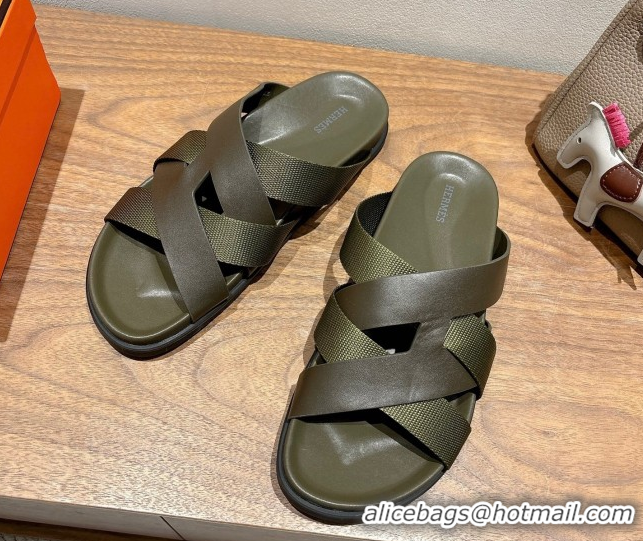 Shop Duplicate Hermes Kazimir Flat Slides Sandal in Woven Ribbon and Calfskin All Green 0419081