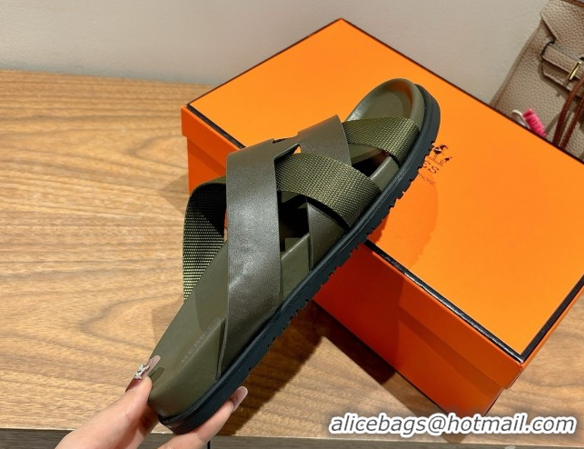 Shop Duplicate Hermes Kazimir Flat Slides Sandal in Woven Ribbon and Calfskin All Green 0419081