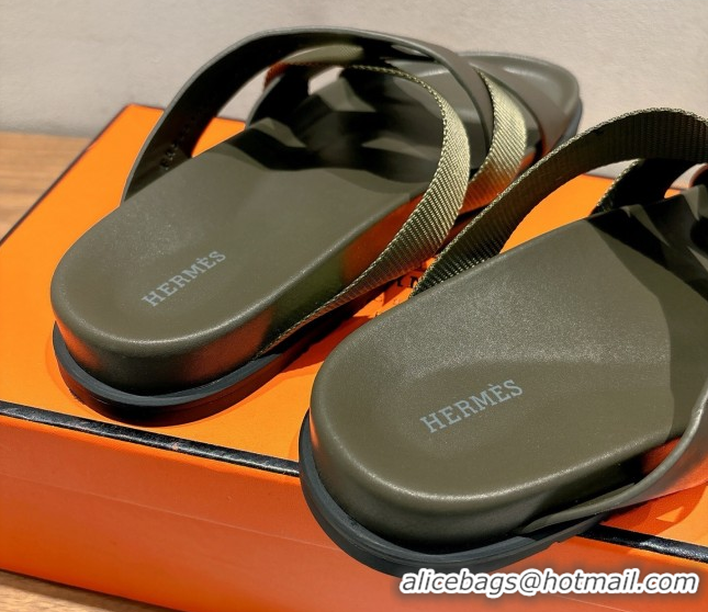 Shop Duplicate Hermes Kazimir Flat Slides Sandal in Woven Ribbon and Calfskin All Green 0419081