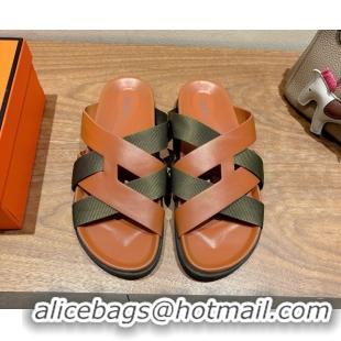 Charming Hermes Kazimir Flat Slides Sandal in Woven Ribbon and Calfskin Leather Brown/Green 0419068