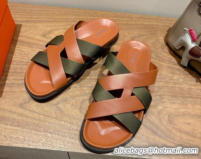Charming Hermes Kazimir Flat Slides Sandal in Woven Ribbon and Calfskin Leather Brown/Green 0419068