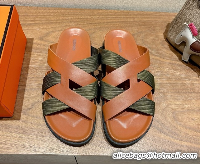 Charming Hermes Kazimir Flat Slides Sandal in Woven Ribbon and Calfskin Leather Brown/Green 0419068