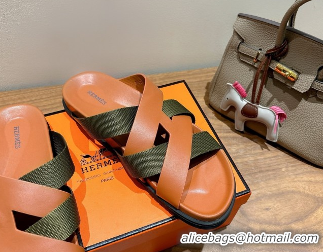 Charming Hermes Kazimir Flat Slides Sandal in Woven Ribbon and Calfskin Leather Brown/Green 0419068