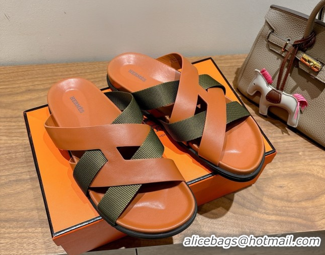 Charming Hermes Kazimir Flat Slides Sandal in Woven Ribbon and Calfskin Leather Brown/Green 0419068