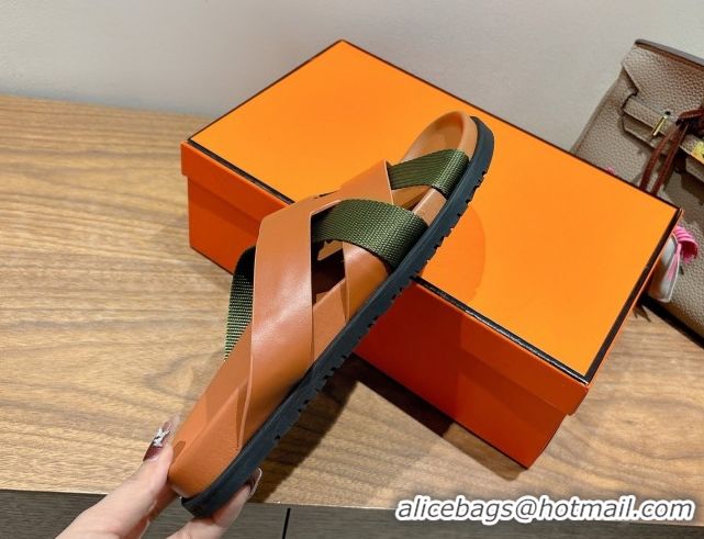 Charming Hermes Kazimir Flat Slides Sandal in Woven Ribbon and Calfskin Leather Brown/Green 0419068