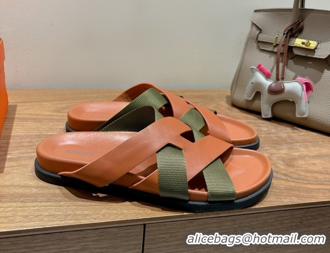 Charming Hermes Kazimir Flat Slides Sandal in Woven Ribbon and Calfskin Leather Brown/Green 0419068