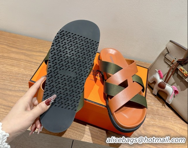 Charming Hermes Kazimir Flat Slides Sandal in Woven Ribbon and Calfskin Leather Brown/Green 0419068