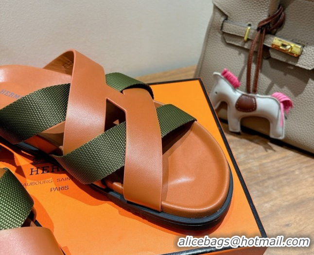 Charming Hermes Kazimir Flat Slides Sandal in Woven Ribbon and Calfskin Leather Brown/Green 0419068
