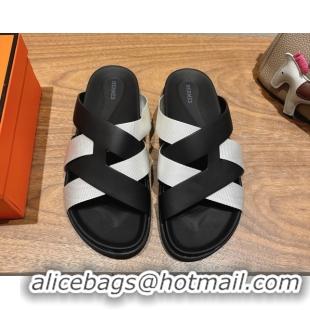 Best Product Hermes Kazimir Flat Slides Sandal in Woven Ribbon and Calfskin Leather Black/Light Grey 0419069
