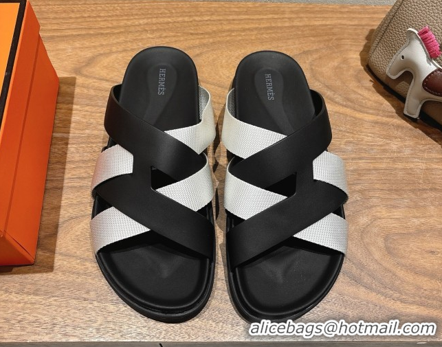 Best Product Hermes Kazimir Flat Slides Sandal in Woven Ribbon and Calfskin Leather Black/Light Grey 0419069