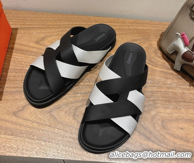 Best Product Hermes Kazimir Flat Slides Sandal in Woven Ribbon and Calfskin Leather Black/Light Grey 0419069