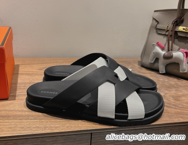 Best Product Hermes Kazimir Flat Slides Sandal in Woven Ribbon and Calfskin Leather Black/Light Grey 0419069