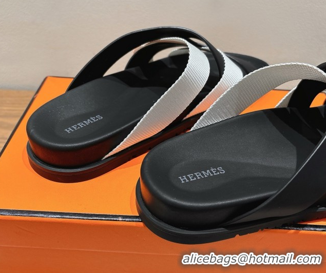 Best Product Hermes Kazimir Flat Slides Sandal in Woven Ribbon and Calfskin Leather Black/Light Grey 0419069