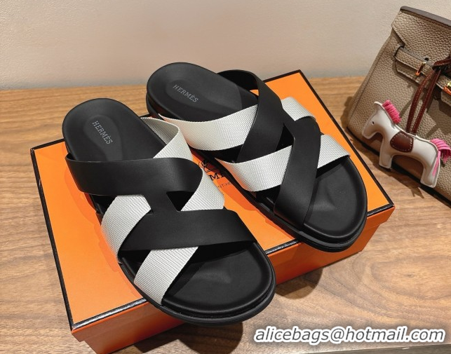 Best Product Hermes Kazimir Flat Slides Sandal in Woven Ribbon and Calfskin Leather Black/Light Grey 0419069