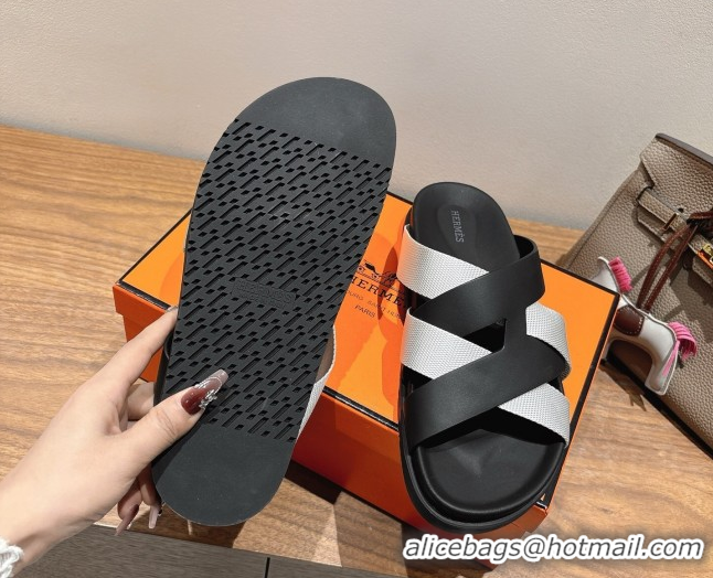 Best Product Hermes Kazimir Flat Slides Sandal in Woven Ribbon and Calfskin Leather Black/Light Grey 0419069