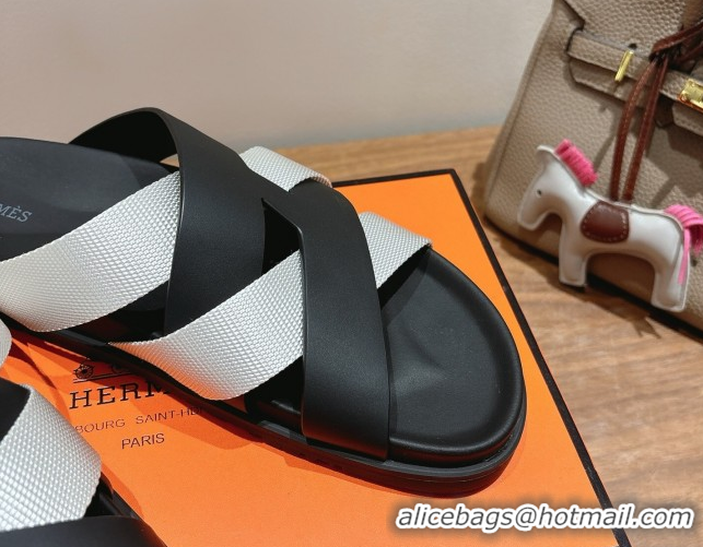 Best Product Hermes Kazimir Flat Slides Sandal in Woven Ribbon and Calfskin Leather Black/Light Grey 0419069