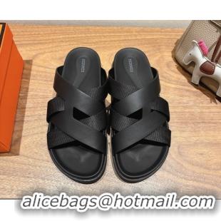 Good Product Hermes Kazimir Flat Slides Sandal in Woven Ribbon and Calfskin Leather All Black 0419070