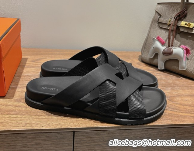 Good Product Hermes Kazimir Flat Slides Sandal in Woven Ribbon and Calfskin Leather All Black 0419070