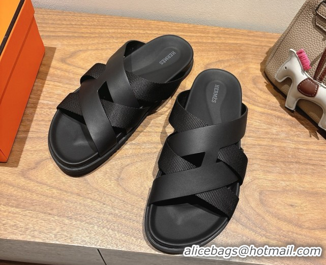 Good Product Hermes Kazimir Flat Slides Sandal in Woven Ribbon and Calfskin Leather All Black 0419070