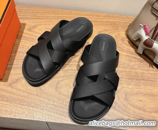 Good Product Hermes Kazimir Flat Slides Sandal in Woven Ribbon and Calfskin Leather All Black 0419070