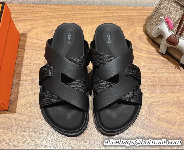 Good Product Hermes Kazimir Flat Slides Sandal in Woven Ribbon and Calfskin Leather All Black 0419070