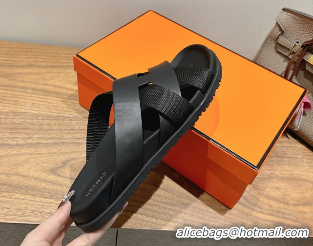 Good Product Hermes Kazimir Flat Slides Sandal in Woven Ribbon and Calfskin Leather All Black 0419070